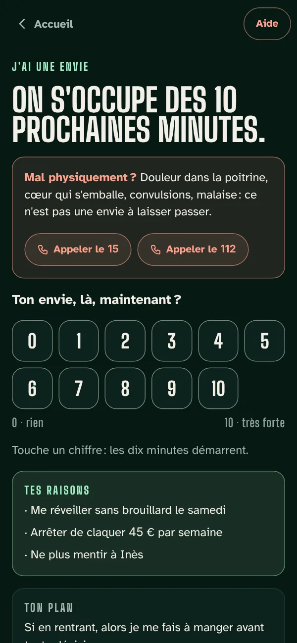 Écran « J'ai une envie » de l'app 30 JOURS : noter la force de l'envie de 0 à 10