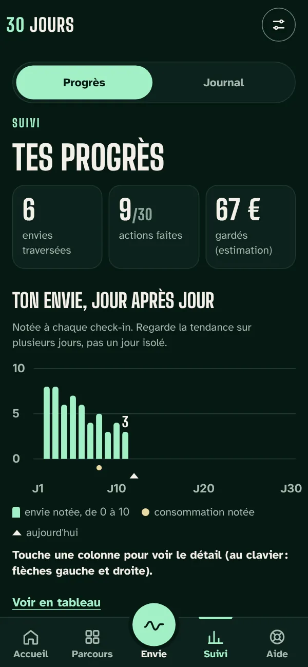 Écran des progrès dans l'app 30 JOURS : envies traversées, actions faites, argent gardé